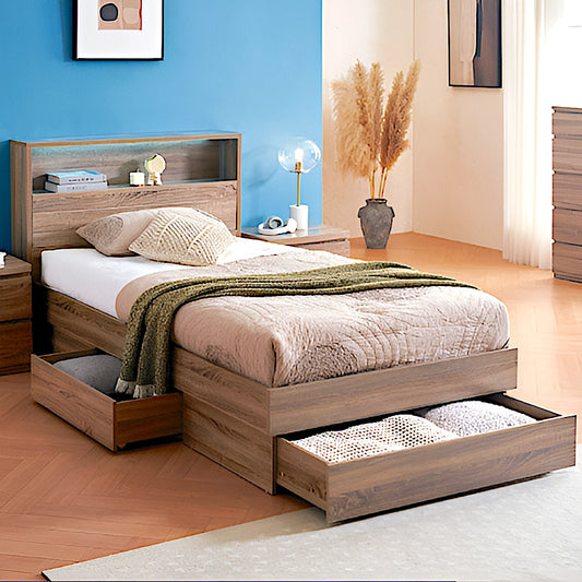 Alpha bed frame in mocha oak, with three drawer storage - available in single and king single size