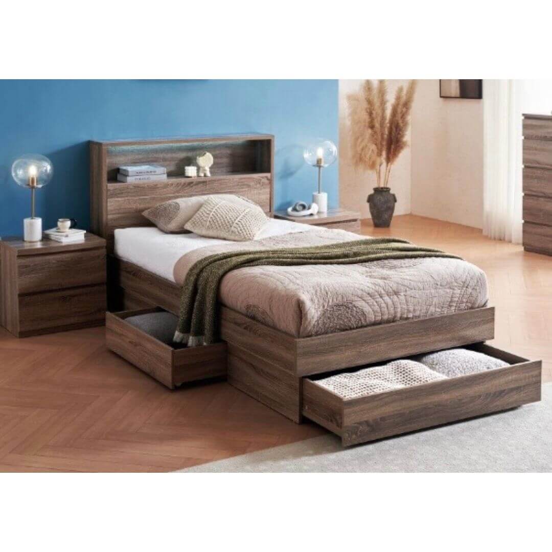 Alpha king size three drawers bed frame feature one drawer on each side and a foot end drawer