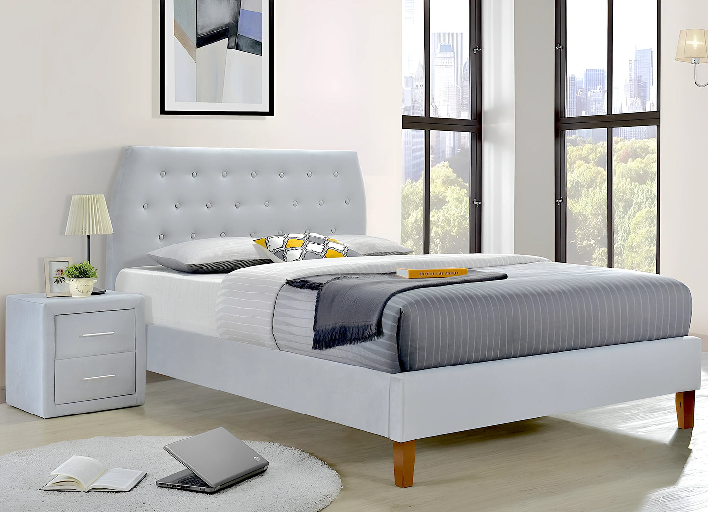 Angela bed frame with bedside table in plush velvet fabric - available in king single, double, queen and king size