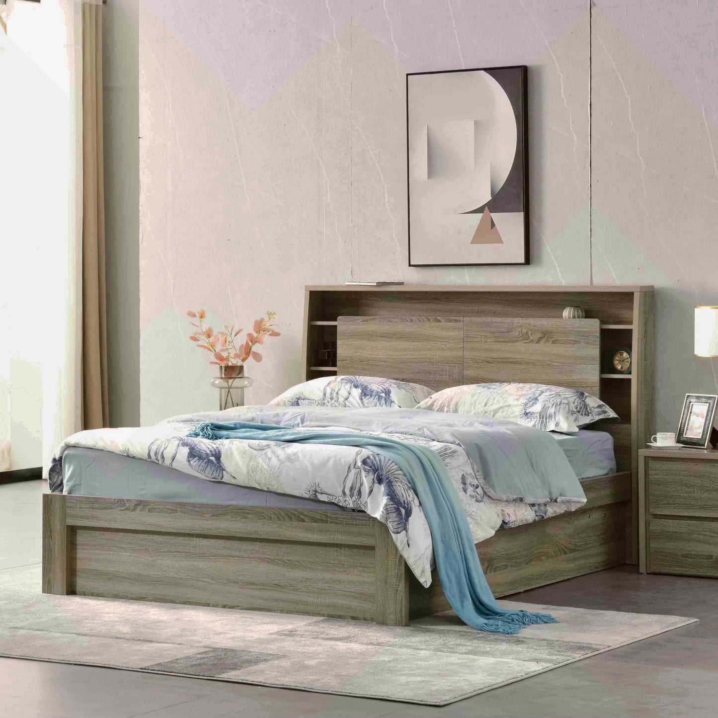 Argo bed frame in mocha oak - modern design with storage (Gas lift and drawer options available) - available in double, queen and king size