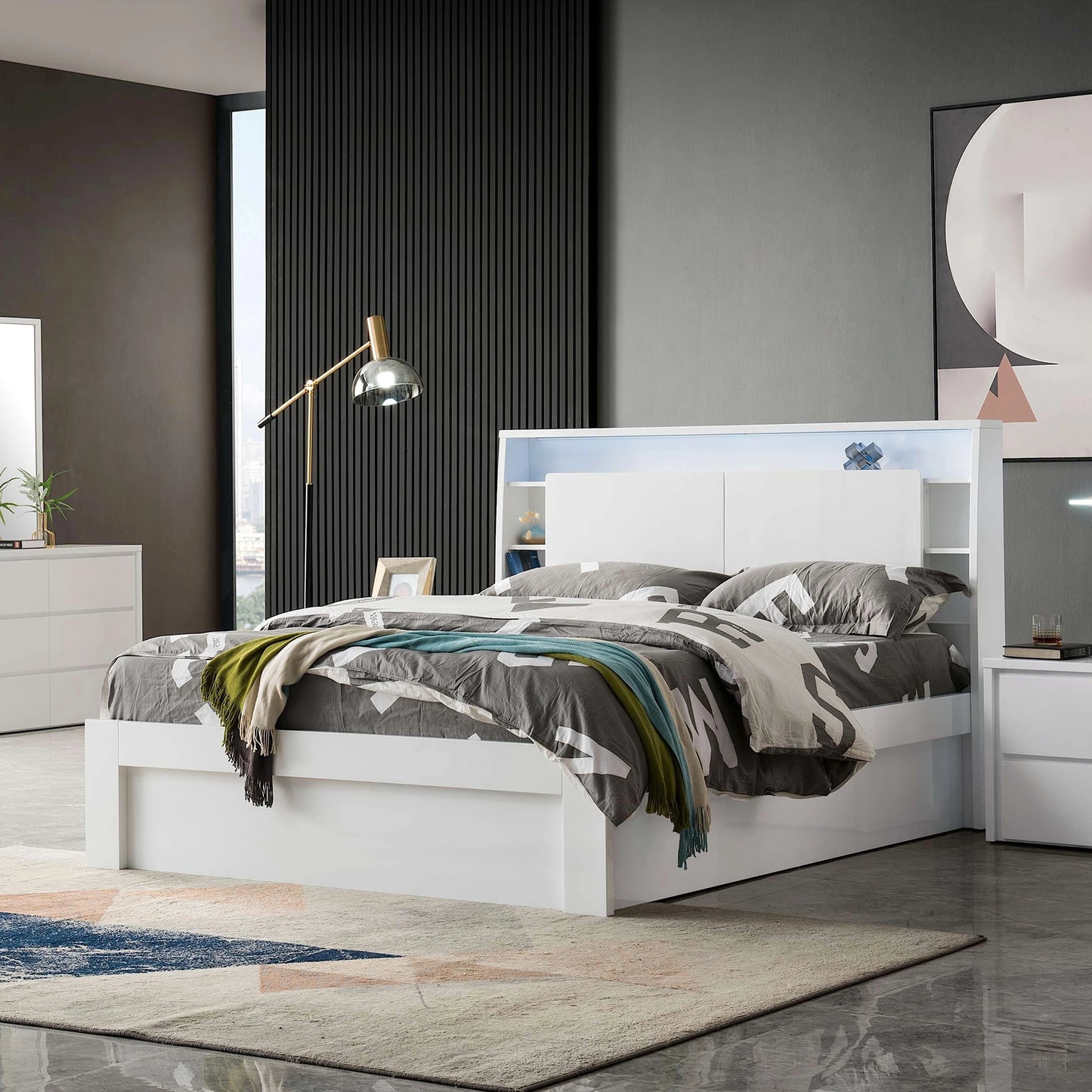 Argo bed frame - modern design with LED lights, bookshelf and storage in white colour - available in double, queen and king size