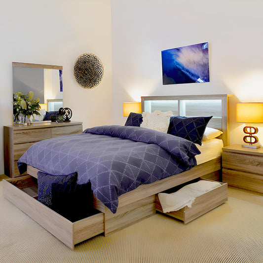 Bella bed frame with drawers base, led light and bookshelf in headboard - matching bedside tables and dresser