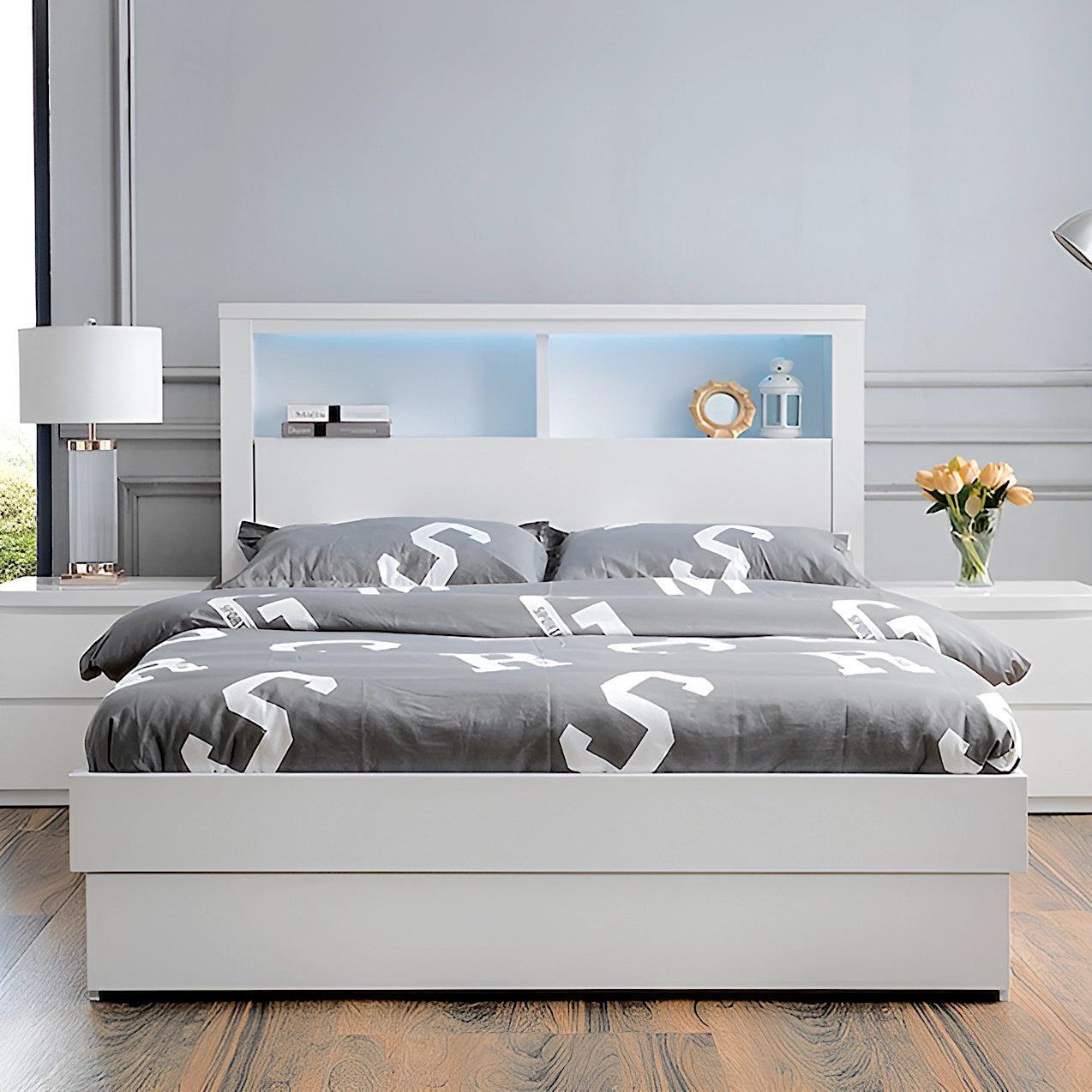 Bella bed frame in gloss white with storage: gas lift and drawer - available in double, queen and king size