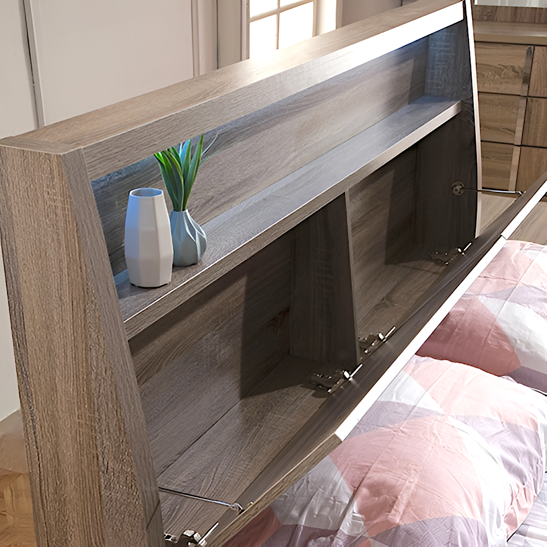 Boston bed frame - headboard side view - with built in open storage, shelf and LED light in headboard