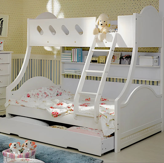 Cloudy bunk bed in white, sturdy heavy duty single over double bunk with built in bookshelf and trundle