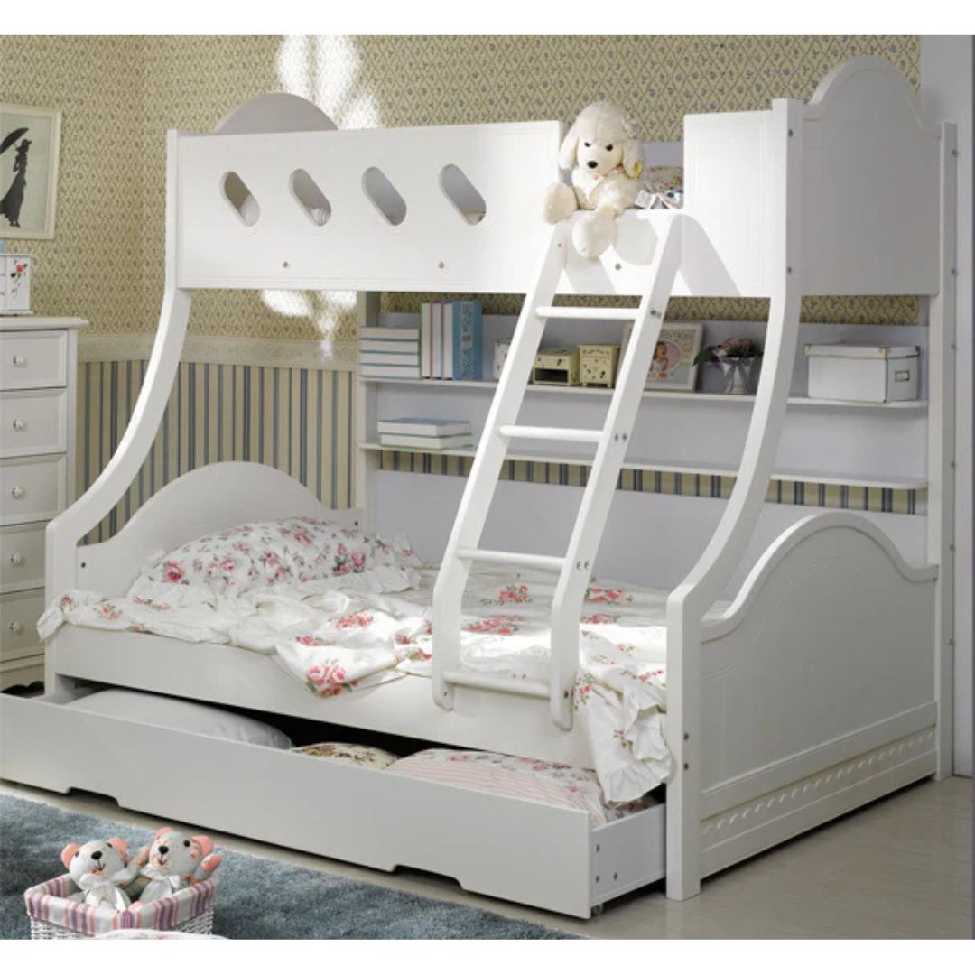 Kid's bunk bed single over double with single trundle book shelf and ladder strong and safe for kids