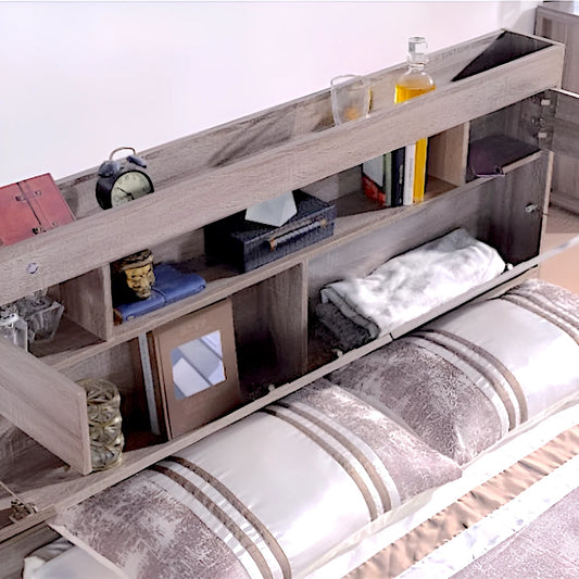 Copenhagen bed frame in oak with LED lights and bookshelf in headboard