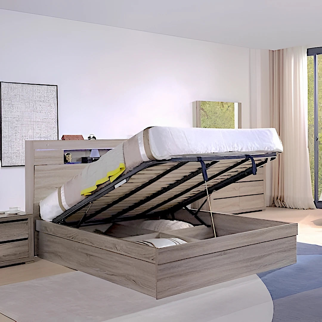 Copenhagen bed frame in oak, with gas lift storage