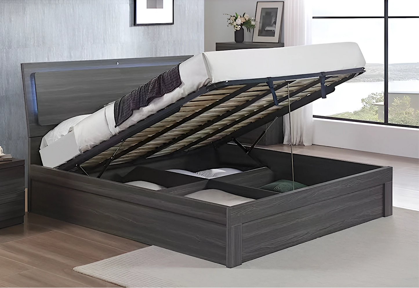 ETC London bed frame with gas lift storage opened – spacious under-bed compartment for extra storage