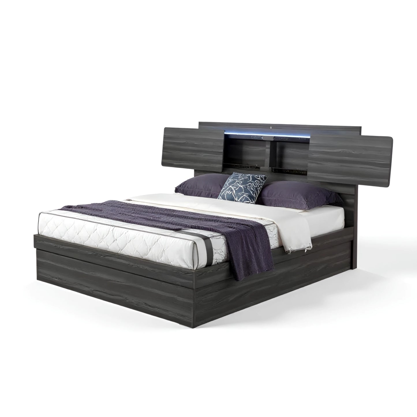 Full view of ETC London wooden bed frame with LED headboard and sliding storage panels opened