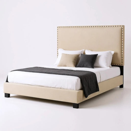 Elizabeth upholstered platform bed frame in beige - available in double and queen size