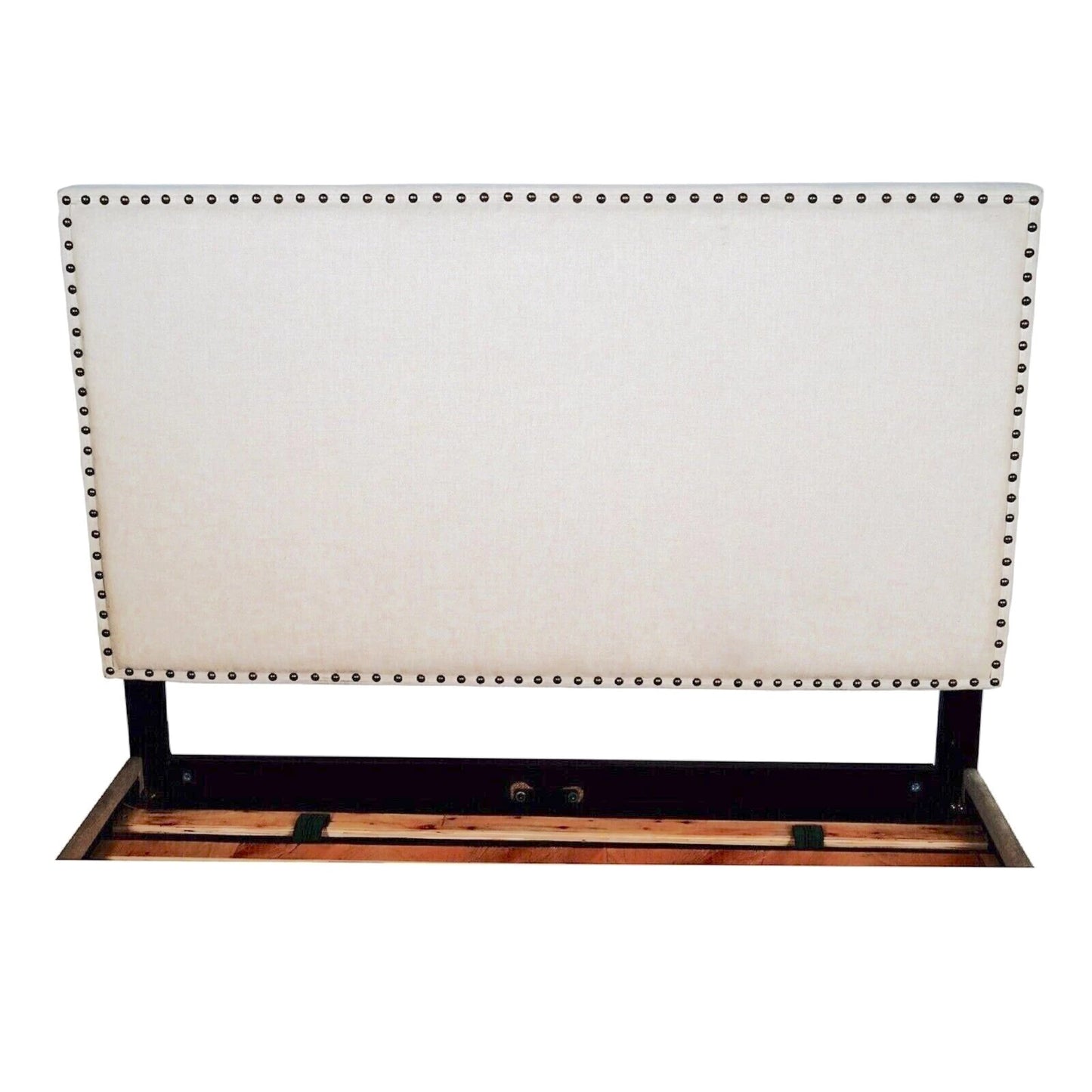 Elizabeth upholstered platform bed frame in beige, fabric headboard