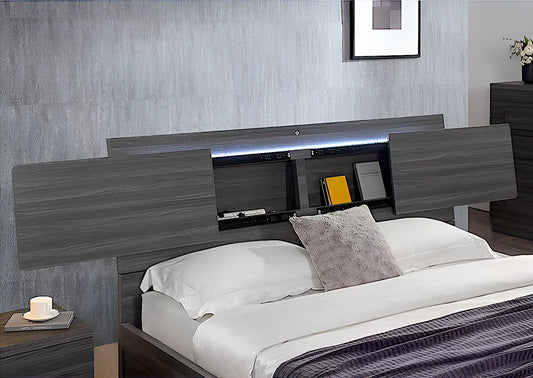 ETC London bed frame headboard with open sliding panels and LED lighting – hidden storage compartment in modern design