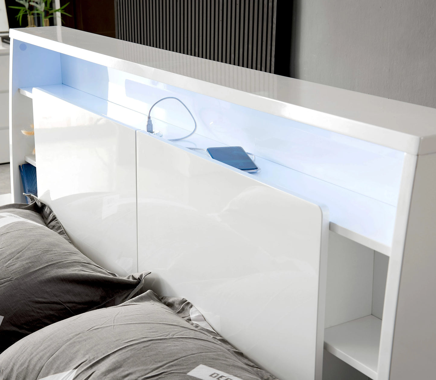 Argo bed frame with USB charger, bookshelf and storage in headboard, white colour