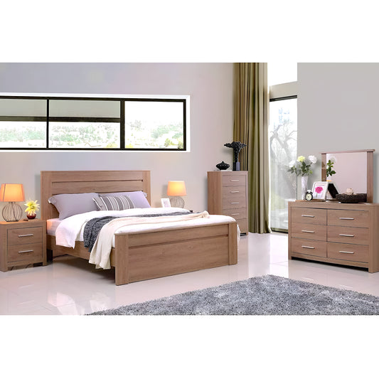 Jason bed frame, bedside table, tallboy and dresser in dark oak - available in double and queen size