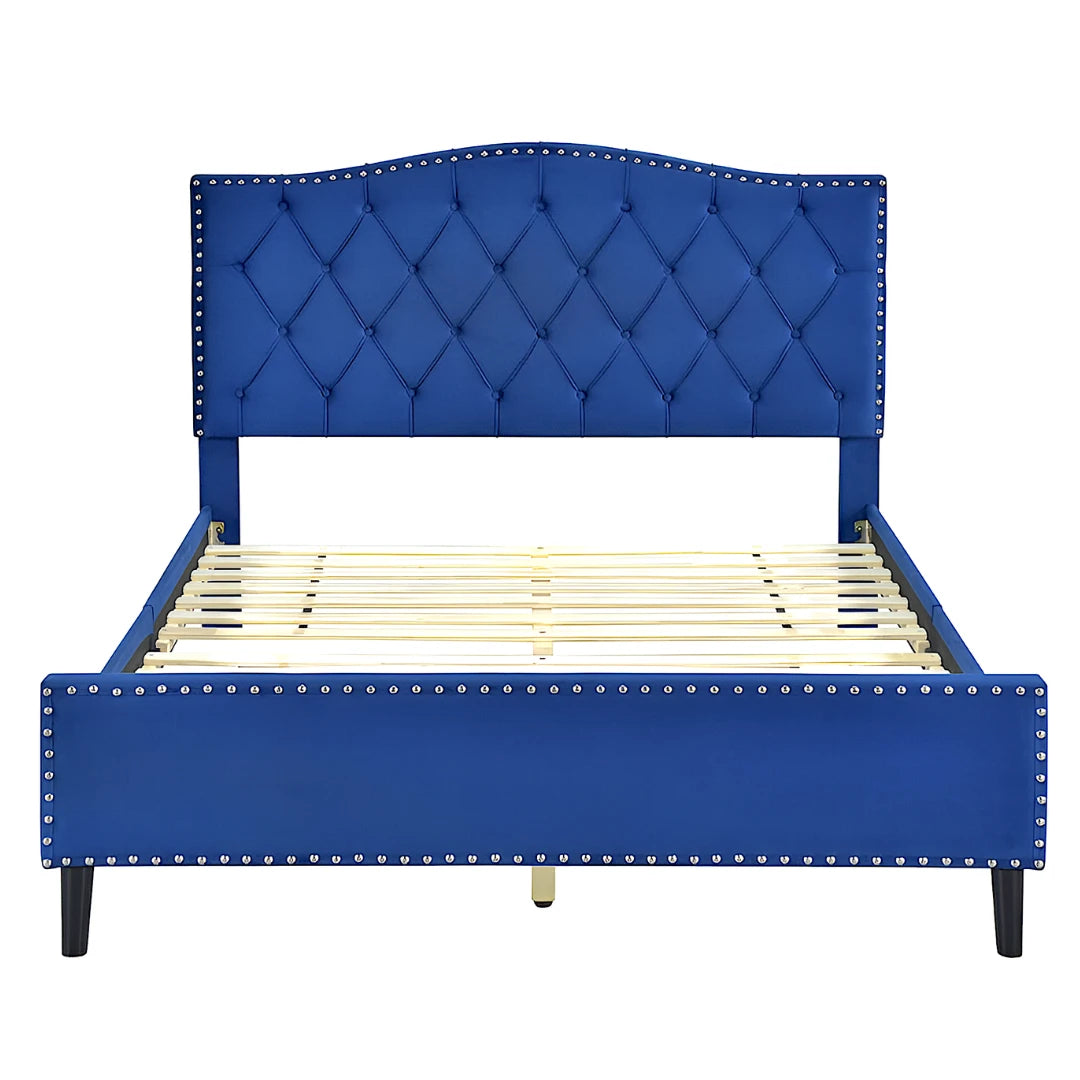 Jessie upholstered platform bed frame in velvet blue - available in double and queen size