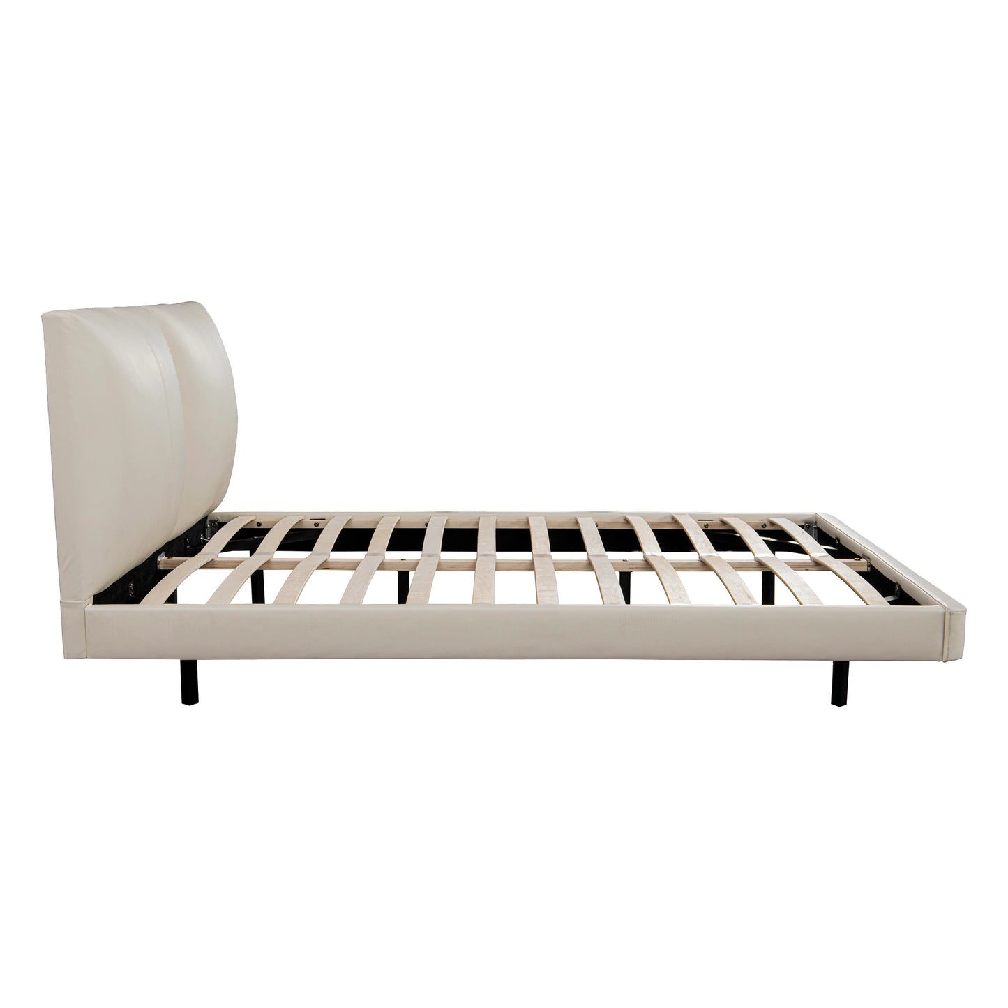 Beige Lara floating bed frame side profile – minimalist upholstered design in faux leather finish