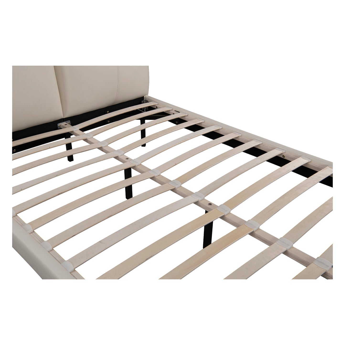 Close-up of Lara bed frame’s plywood slats – strong mattress support system in modern floating bed