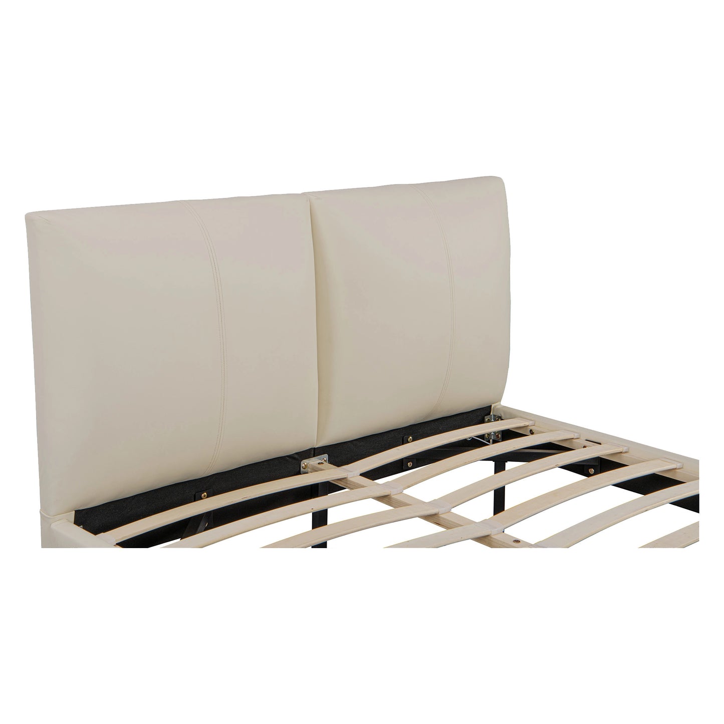 Close-up of Lara cushioned headboard – upholstered in beige faux air leather with soft foam padding