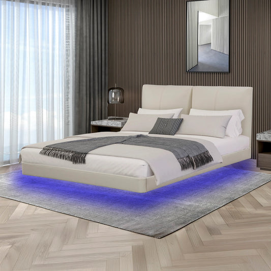 Lara floating bed frame in beige with LED lights under the base –  faux leather upholstered bed in bedroom setting