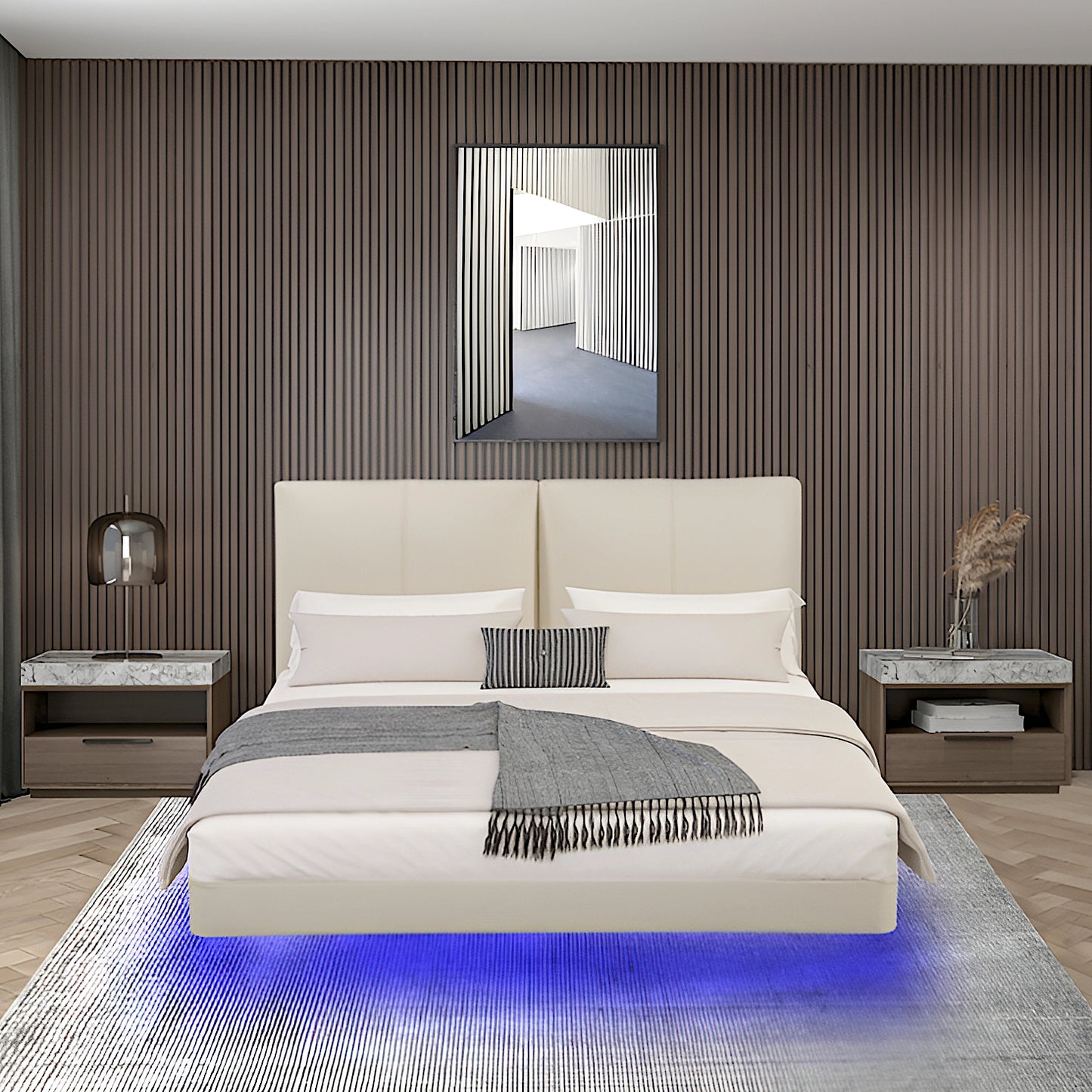 Front view of Lara platform bed frame in beige faux air leather with LED lighting and padded headboard