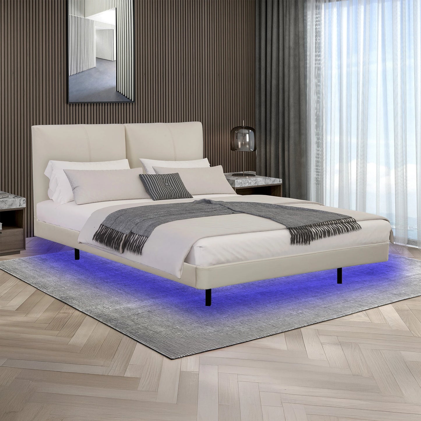 Side view of Lara beige floating bed – faux air leather platform frame with hidden legs and LED light effect