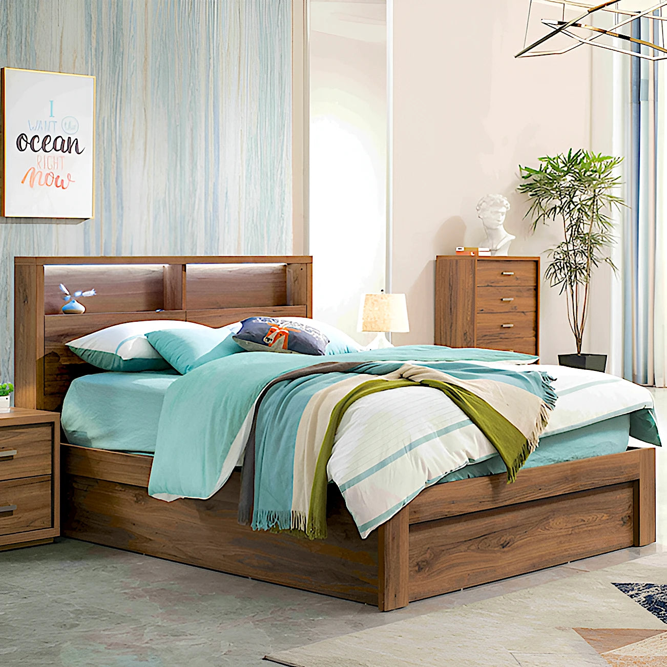 London bed frame - modern design with led light headboard, bookshelf and storage bed base in rustic walnut