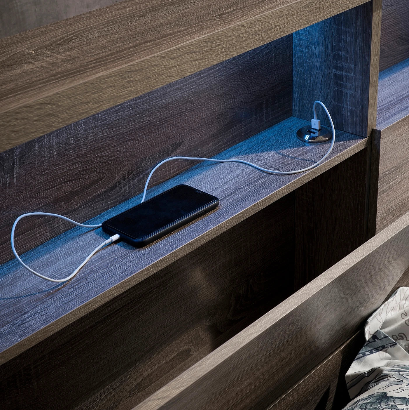 London bed frame with phone charger and led light in headboard