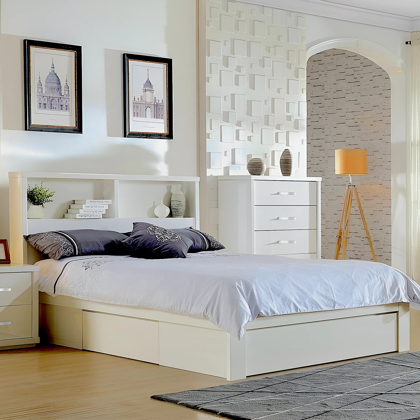 London bed frame - modern design with led light headboard, bookshelf and storage bed base in white