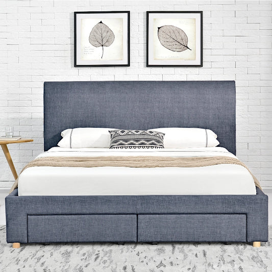 Front view of Lucas modern platform bed in dark grey fabric with curved headboard and built-in storage drawers