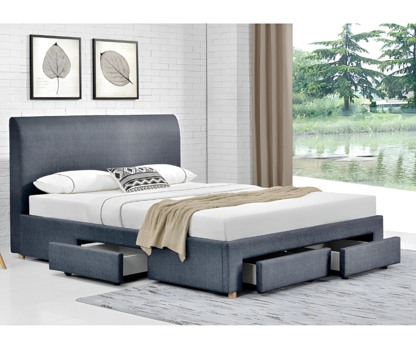 Lucas dark grey fabric bed frame with drawers in modern bedroom – double or queen size platform bed with curved headboard