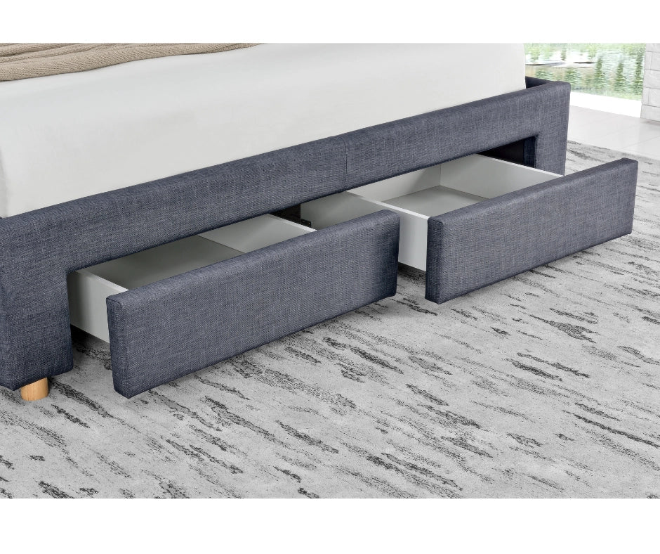 Lucas bed frame with four pull-out storage drawers – dark grey fabric platform bed with front and side drawers