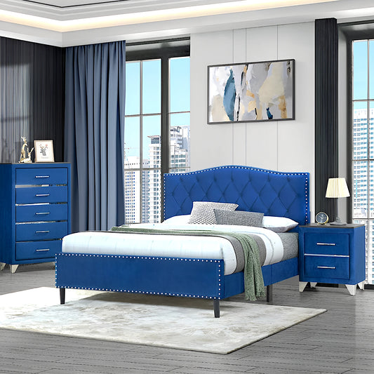 Jessie platform bed frame, bedside table and tallboy in velvet blue - available in double and queen size