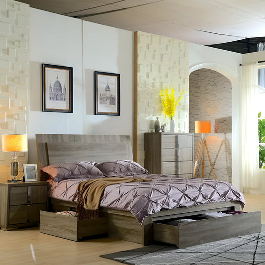 Manhattan queen bed frame with drawers in mocha oak - available in double, queen and king size