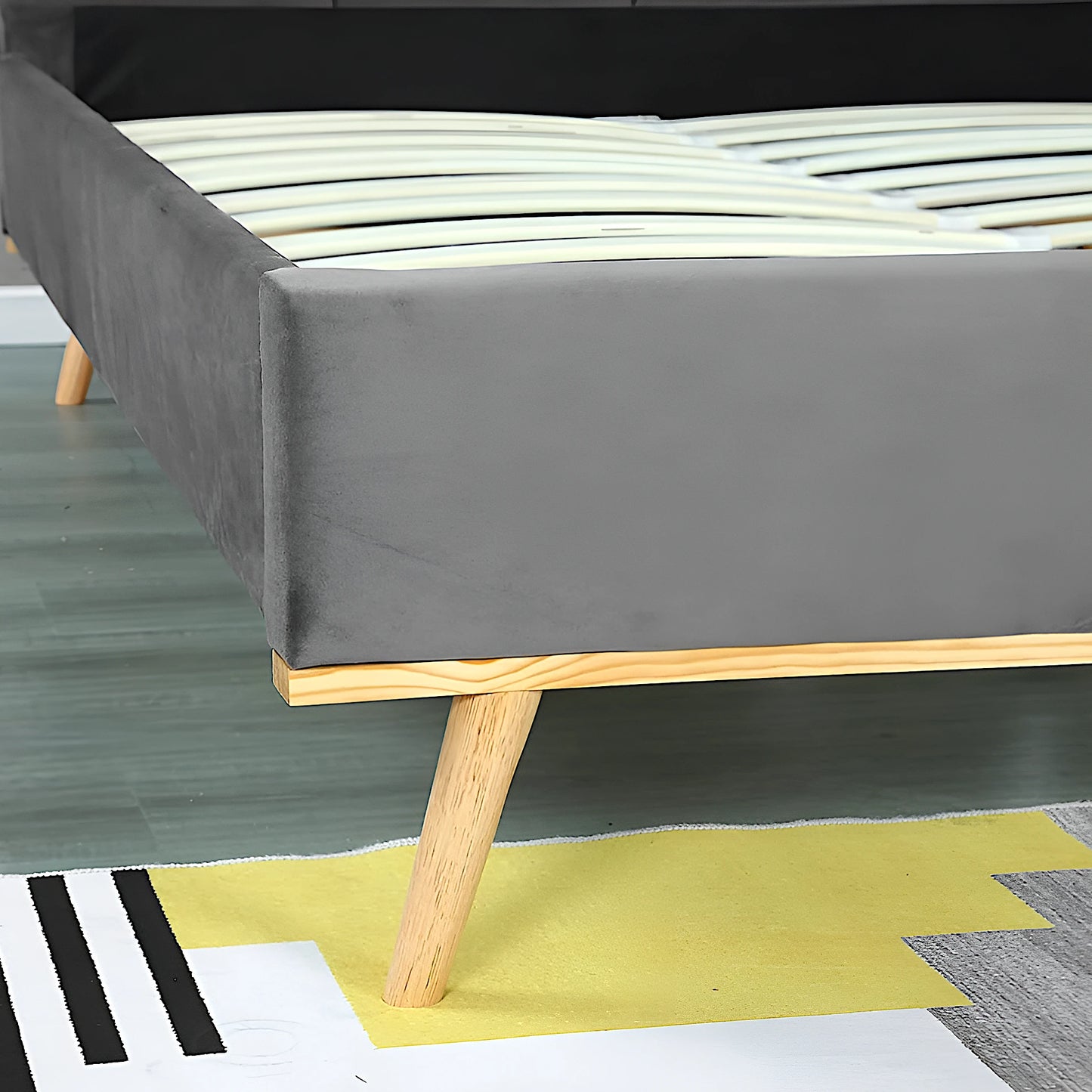 Matthew bed frame in velvet grey with solid timber legs