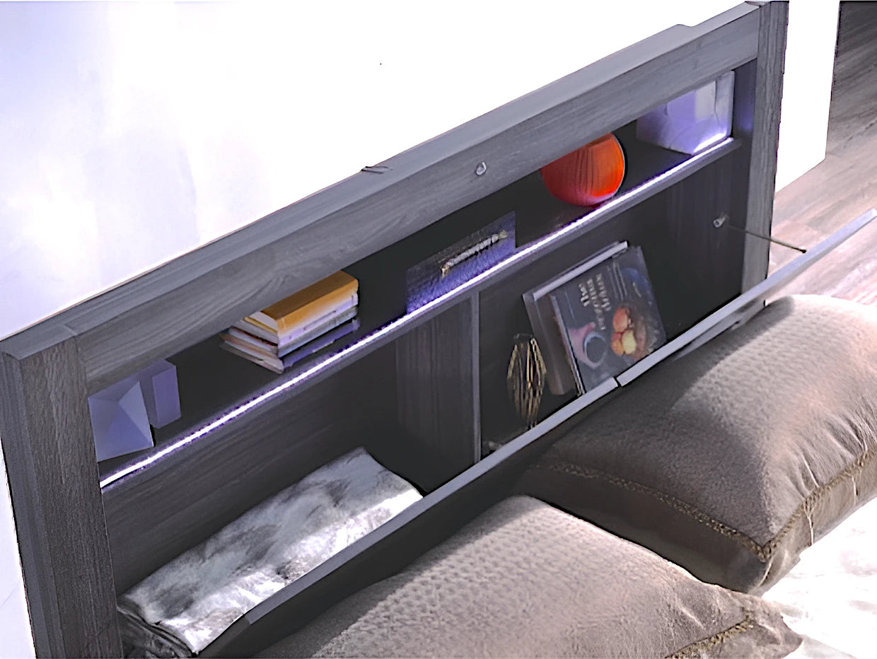 Milan bed frame in walnut colour, with built-in LED light, drawer and bookshelf in headboard