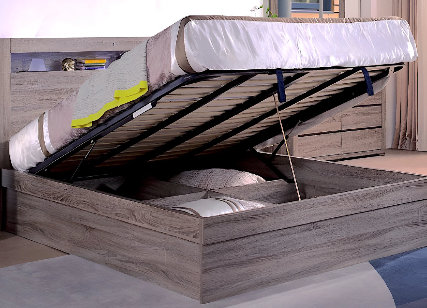 Milan bed frame with opened gas lift for under bed storage