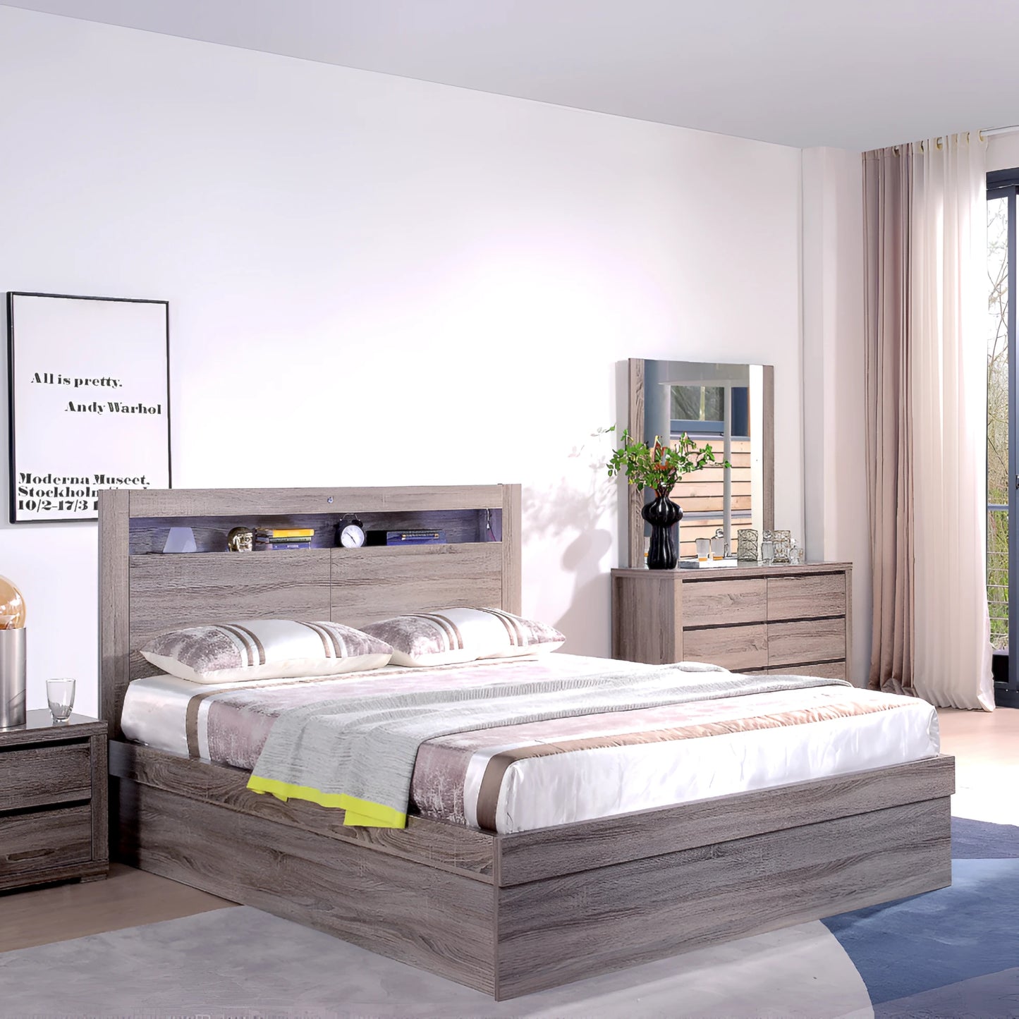 Milan storage bed frame with gas lift in oak colour - available in double, queen and king size