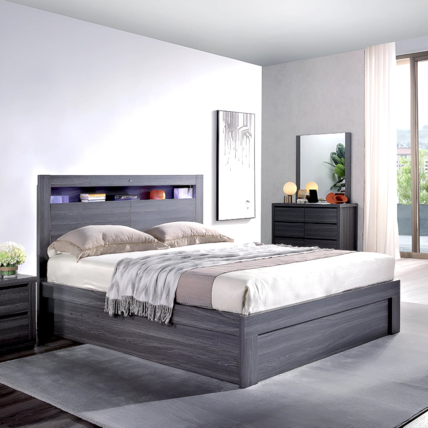 Milan bed frame with gas lift in walnut colour - available in double, queen and king size