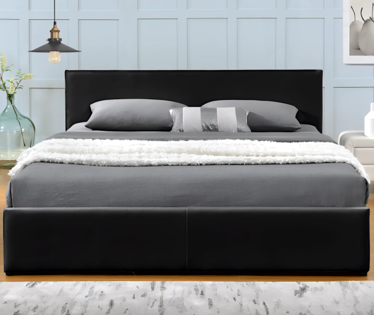 Monica gas lift bed frame in black leather(front view)