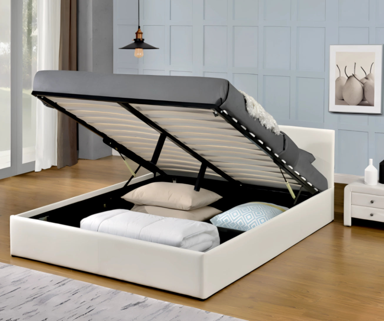 Monica queen gas lift bed frame in white leather (gas lift detail)
