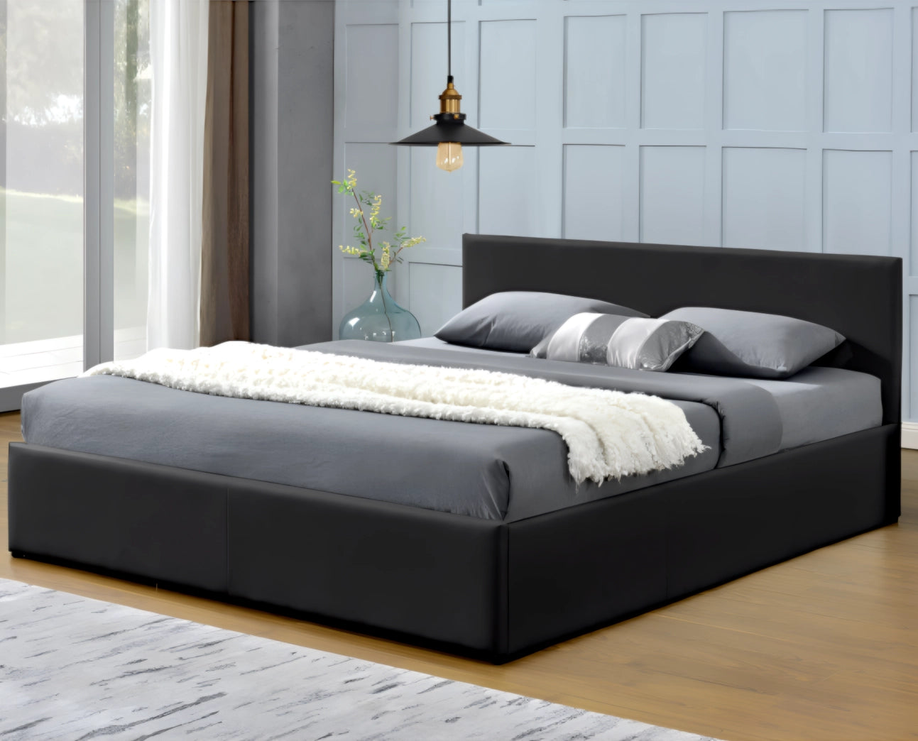 Monica gas lift bed frame in black leather