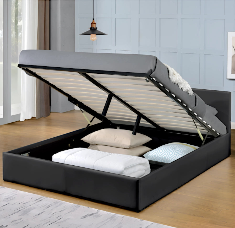 Monica queen size gas lift bed frame in black leather (gas lift detail)