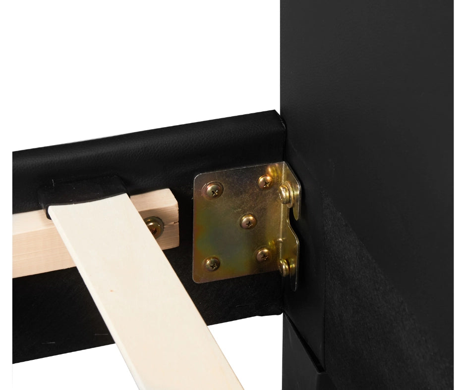 Monica PU leather bed frame in black (headboard bracket detail)