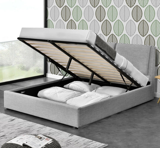 Rebecca gas lift bed in light grey fabric – soft padded headboard – double or queen