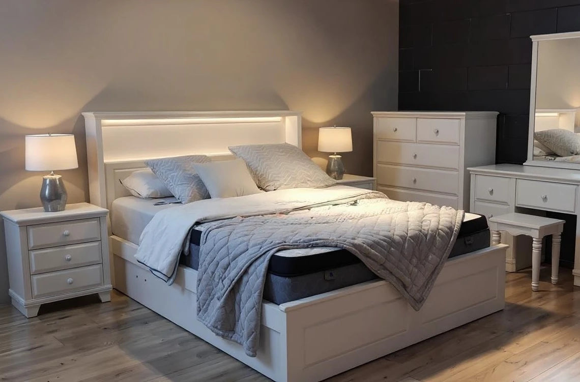 Toulouse bed frame with LED light, gas lift, bookshelf and usb