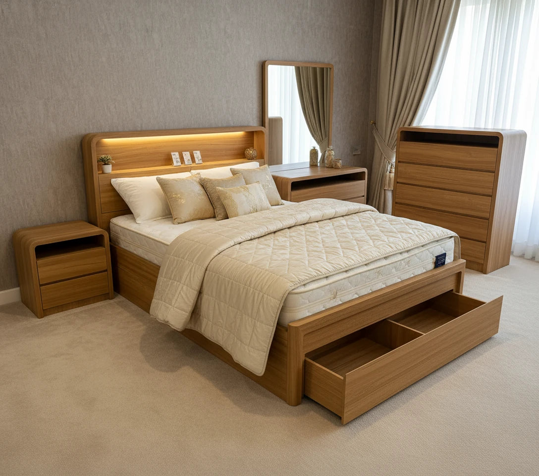 Trendy bed frame with drawers