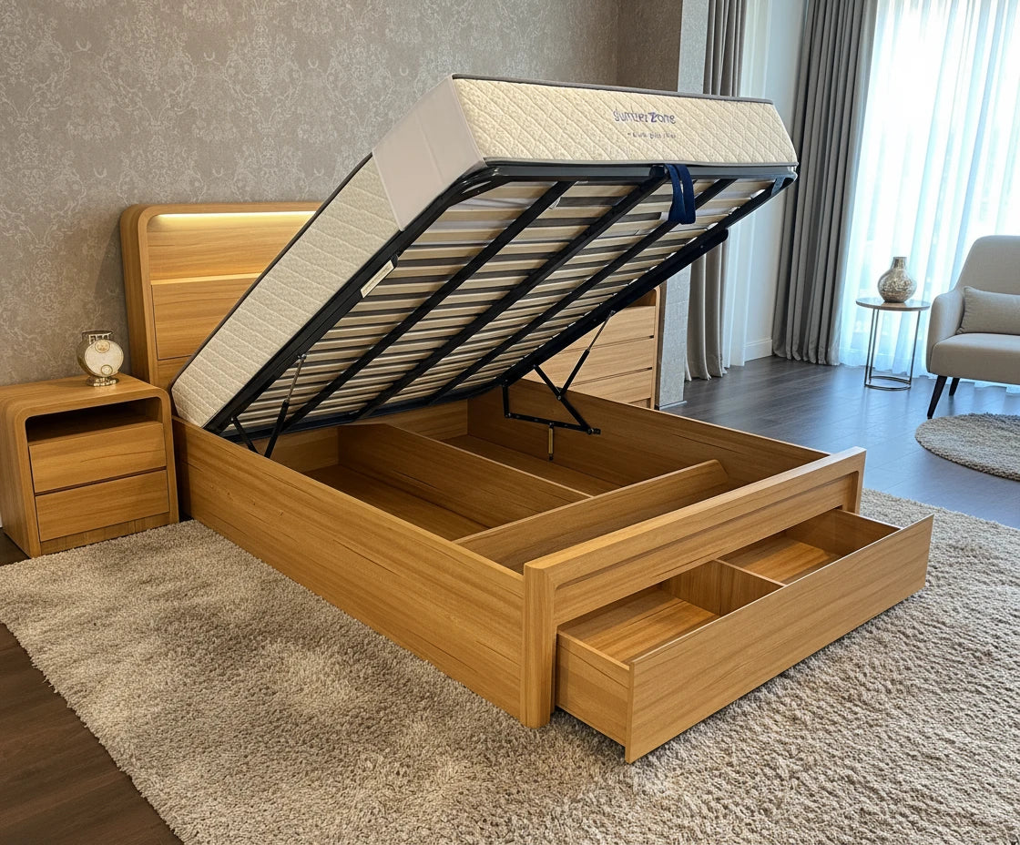 Trendy bed frame with gas lift and drawer