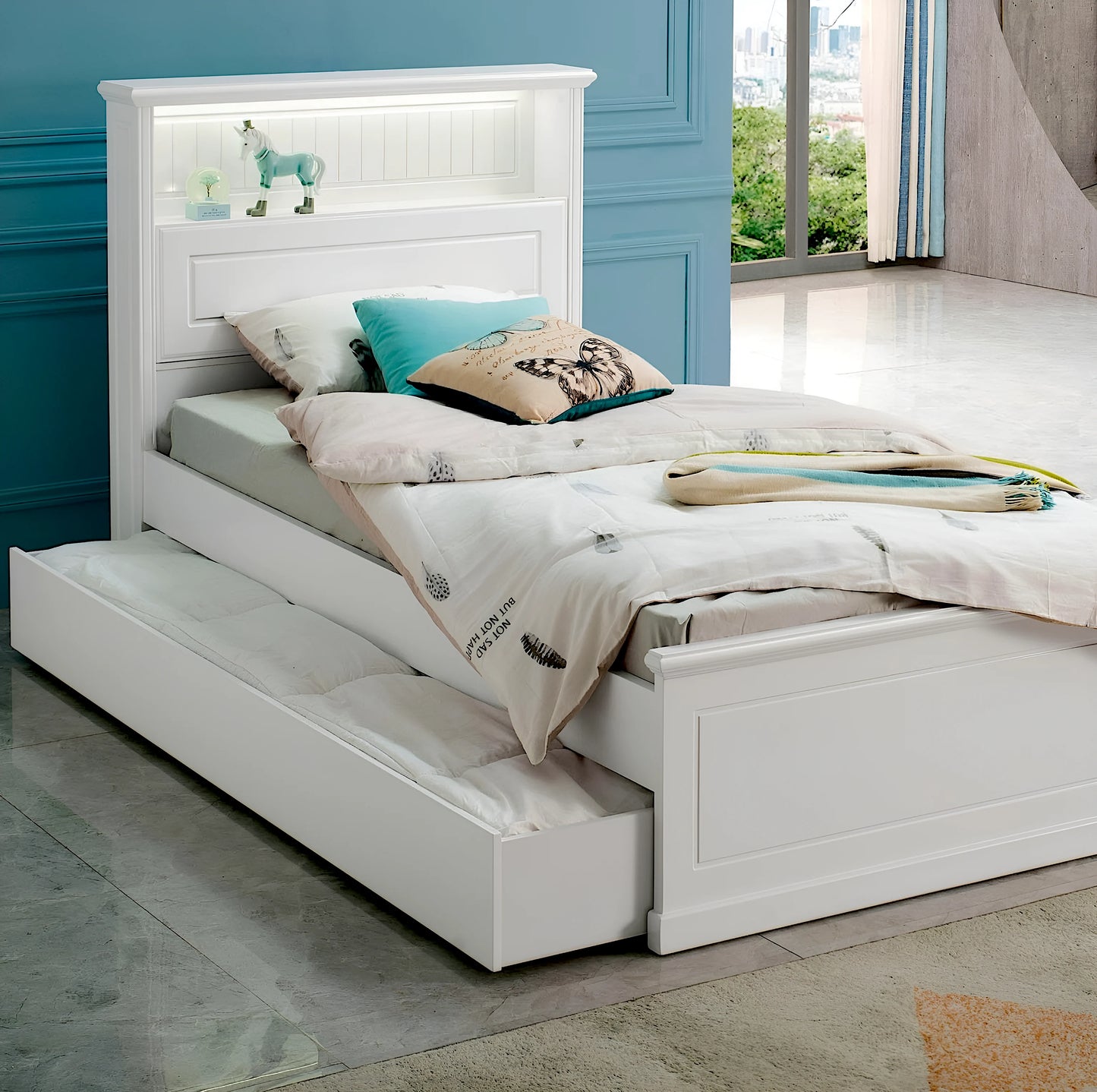 Vangogh white king single bed with trundle