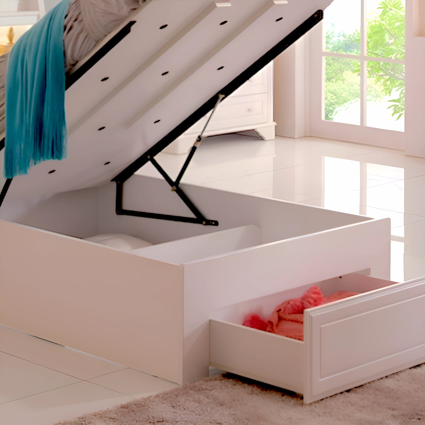 Vangogh white king single gas lift storage bed frame